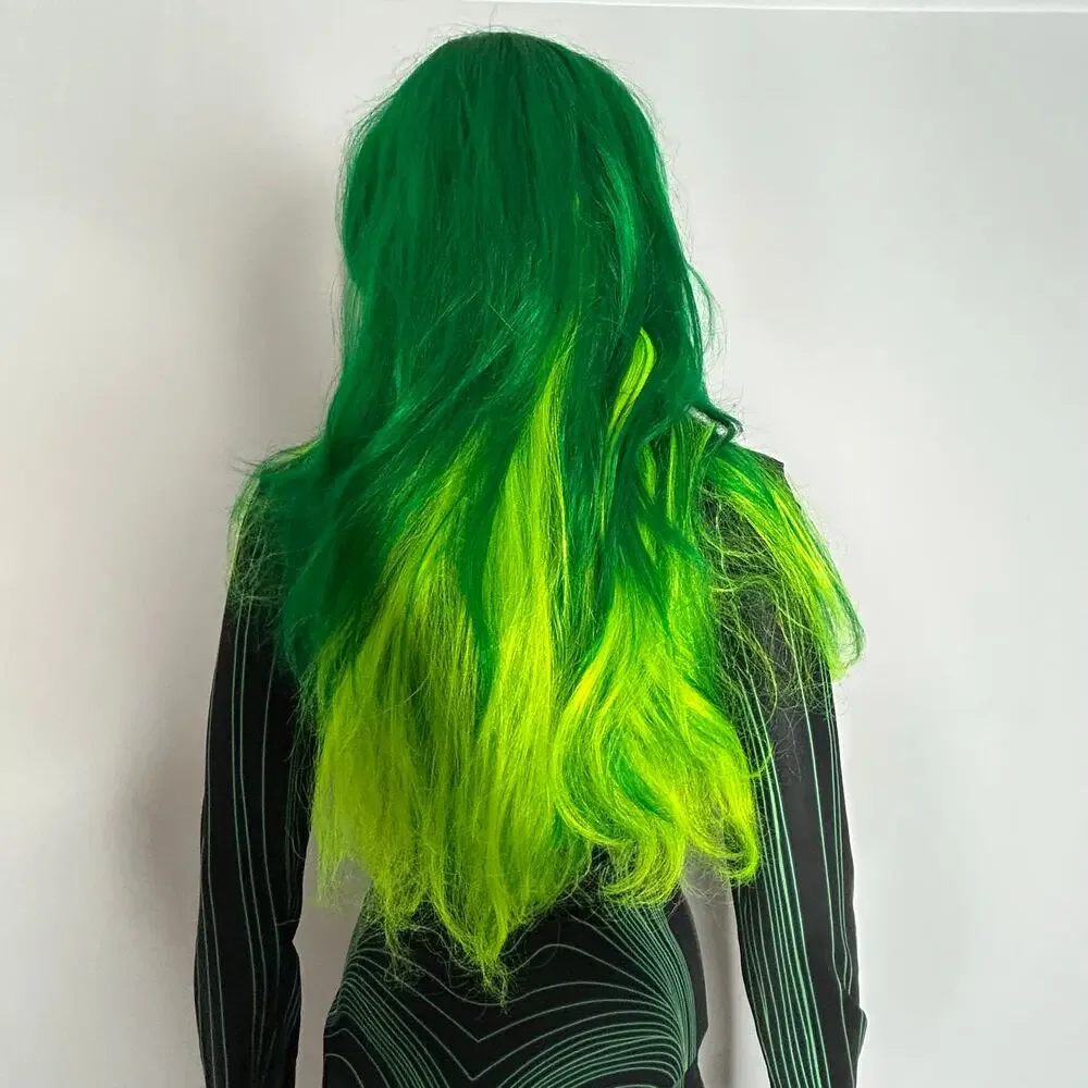 Spirit Green & Neon Yellow Long Wavy Costume Wig with Bangs Halloween Cosplay